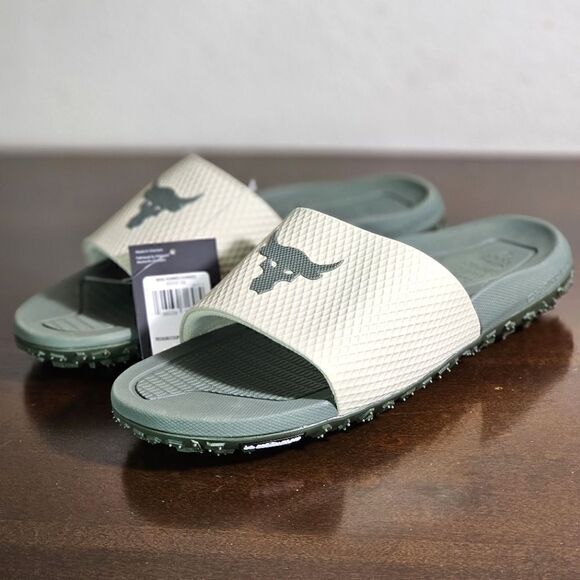 Under Armour UA Project Rock Slides 2.0 Military Green Grey Michelin Gripper 9.5 - Picture 1 of 16